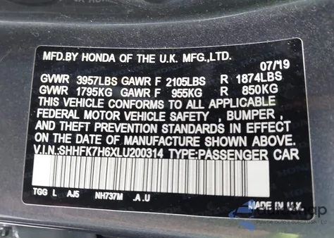 2020 Honda Civic Ex z USA, uszkodzony, nr VIN SHHFK7H6XLU200314